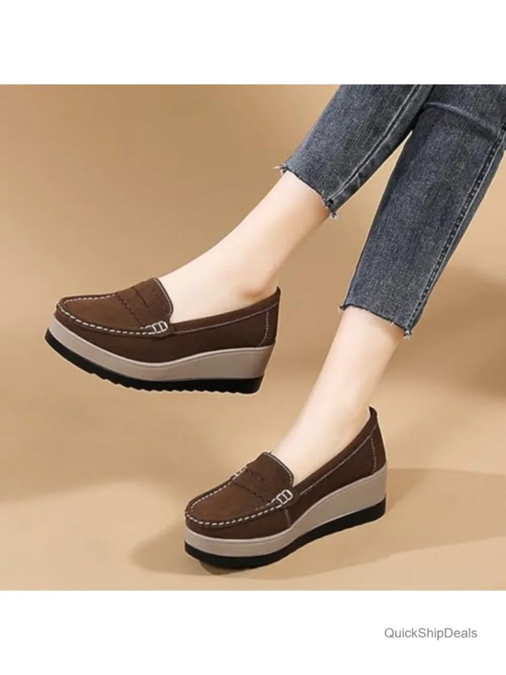 Women's Suede Platform Wedge Penny Loafers Round Toe Slip On Non Slip Business